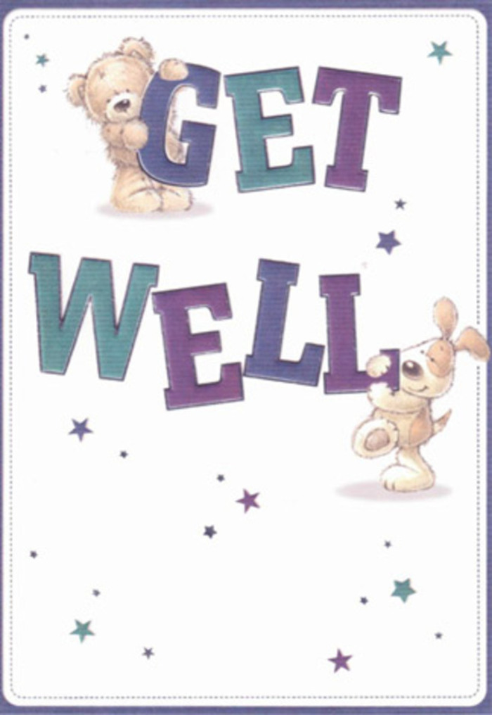 In this heartfelt get well card design, a friendly teddy bear and an eager little puppy team up to turn a simple message into something that feels like a visit from loved ones and a vase of fresh flowers all at once. The bear is drawn with plush, slightly tousled fur in warm caramel tones, its rounded belly and soft paws suggesting the comfort of a well-loved toy tucked under a blanket. It leans casually over the large block letters spelling GET, fingers curling over the edge as if to steady the words themselves. Below, the puppy-its coat depicted in gentle golden and cream shades-presses against the word WELL, floppy ears hanging sweetly, eyes wide with concern and affection, tail lifted just enough to hint at a reassuring wag. The text is thick and confident, painted in layered indigo, violet, and teal hues, with subtle gradients that add depth and a touch of magic, much like the way different flower tones blend in a carefully chosen get well bouquet delivered around Lodge Avenue or close to Gidea Park station. Around the characters and words, scattered stars and tiny bursts of colour in blues, purples, and aquas dance across a clean, creamy white background. These little accents feel like scattered well wishes, floating gently in the air, creating movement without cluttering the design. The overall impression is one of calm optimism and gentle playfulness, the kind of visual comfort that pairs beautifully with a small, fragrant arrangement placed on a bedside table in a quiet Gidea Park bedroom, offering daily reminders of care, recovery, and hopeful days ahead.