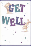 A whimsical get well card illustration shows a soft, cuddly teddy bear and a floppy-eared puppy working together to deliver a cheerful Get Well message, the way two kind neighbours in Gidea Park might pop round with flowers and a smile. The bear, with rounded paws and a slightly tousled, honey-brown fur texture, clings adorably to the top of the large word GET, its stitched nose and bright, hopeful eyes lifted toward the viewer. Below, the puppy balances against the bold word WELL, its velvety ears flopping forward and its tail suggesting an enthusiastic wag, as if eager to encourage someone back to health. The lettering itself is thick, playful, and full of character, shaded in indigo, deep purple, and teal tones that echo the vibrant colours we often use in uplifting hospital or home-recovery bouquets around Main Road and along Balgores Lane. Surrounding the pair are scattered star shapes and tiny bursts of light in blues, purples, and aquas, like little sparks of hope floating across a clean, creamy white background. That uncluttered backdrop makes every element feel fresh and calm, much like a neat bedside table holding a small vase from a local florist. The whole composition glows with comfort, innocence, and gentle humour, capturing the same emotional lift as receiving a thoughtfully arranged get well posy delivered to a loved one in Gidea Park: not loud or overwhelming, but quietly reassuring, warmly personal, and designed to brighten even a difficult day through simple, sincere kindness.